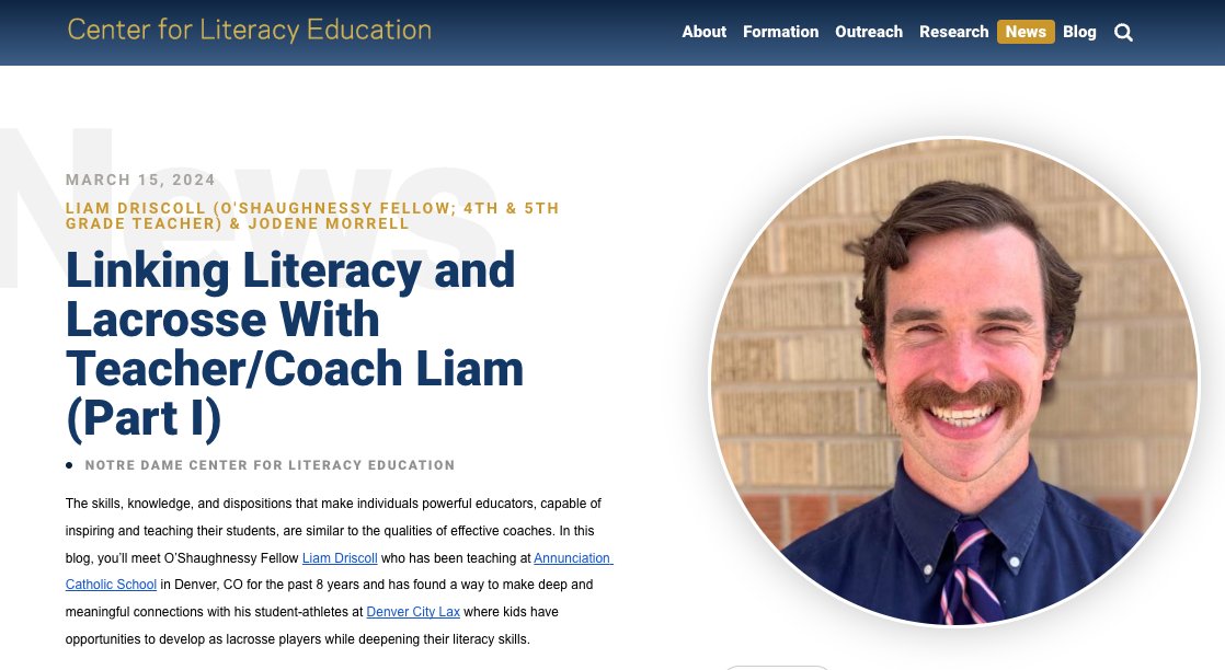 Literacy, Lacrosse & Teacher/Coach Liam! Read how O'Shaughnessy Fellow Liam Driscoll shares his love for lax and literacy with his students & kids at Denver City Lax in the first of a 2 part blog series: iei.nd.edu/initiatives/no… @DenverCityLax @ieiatnd @ACEatND