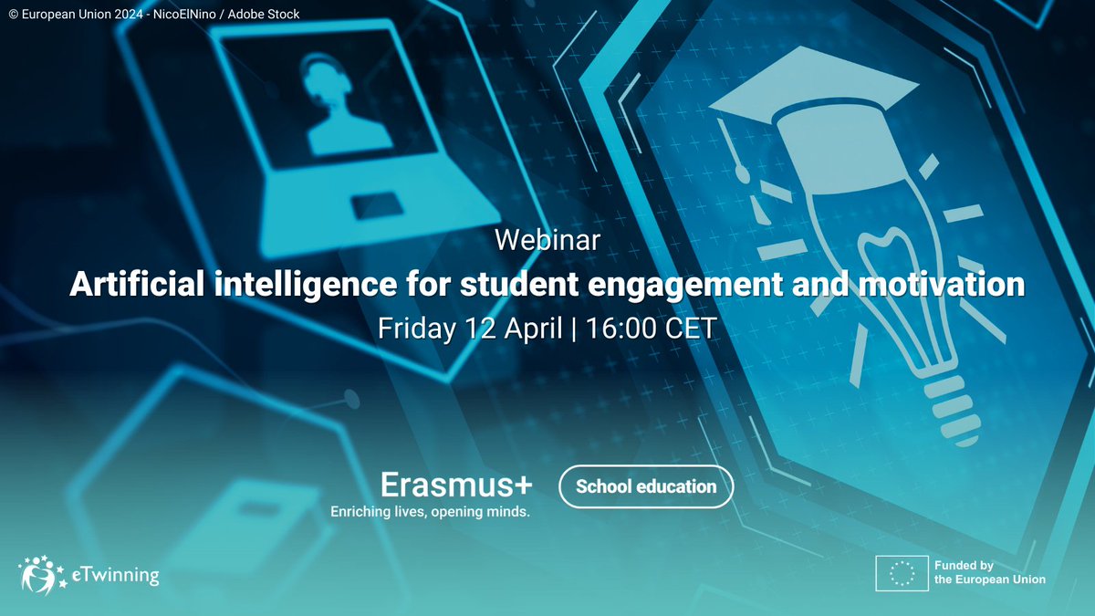 Save the date for this #eTwinning webinar on ‘AI for student engagement and motivation’

🟢the potential of #AI in education
🟣enhance student #engagement through AI tools
🟡examples of effective prompting
…and more!

🗓️12 April, 16:00 CET

Register here➡️bit.ly/3T3V9yo