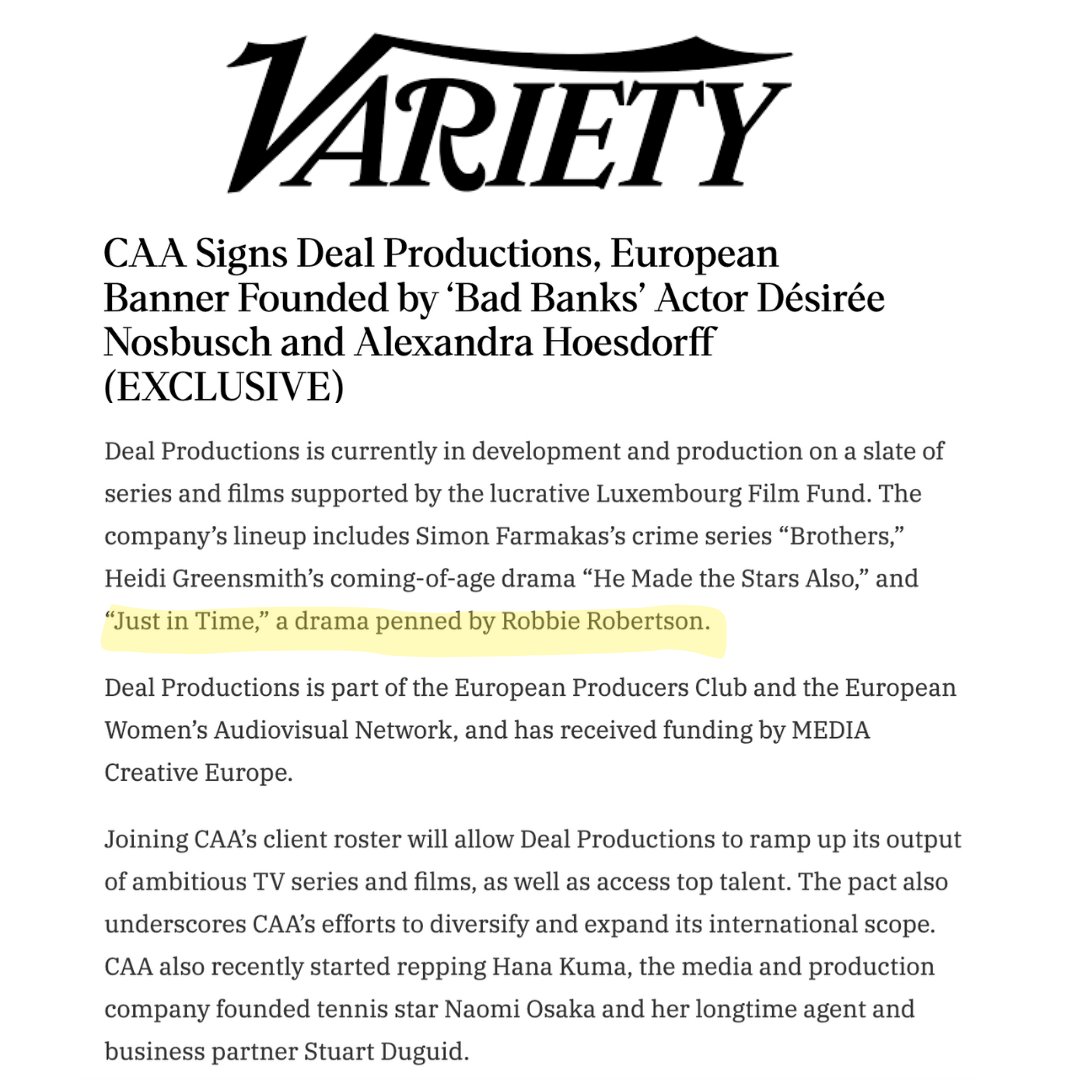 So excited about my mention in @Variety re: my screenplay, JUST IN TIME, being developed by Deal Productions - part of the bigger story that Deal has signed with Creative Artists Agency (CAA) one of the largest talent agencies in the world. More at bit.ly/3vnbSon.