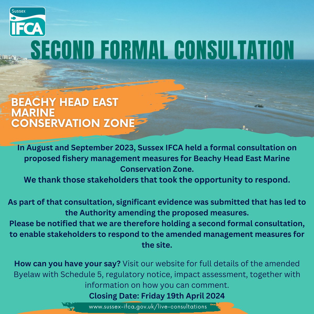 @sussex_ifca has commenced a second formal, public consultation process, on fishery management measures for Beachy Head East Marine Conservation Zone. To read more and details on how to write a response to the second formal consultation - sussex-ifca.gov.uk/live-consultat…