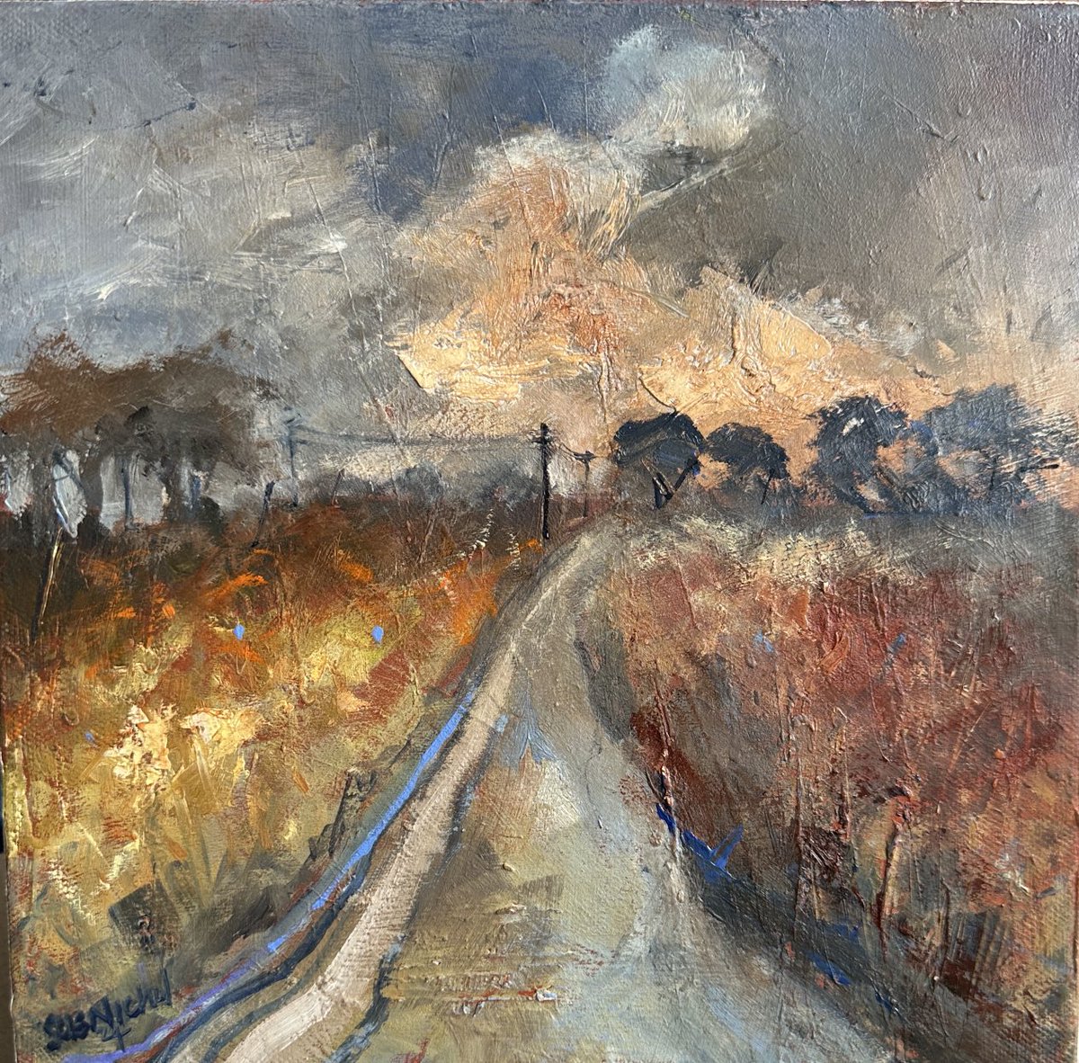 staithesartist's tweet image. A #reworking day! I was going to paint this one out, I started to rub it out and like the effect do created a new #painting . #Dales #sunset #Autumn