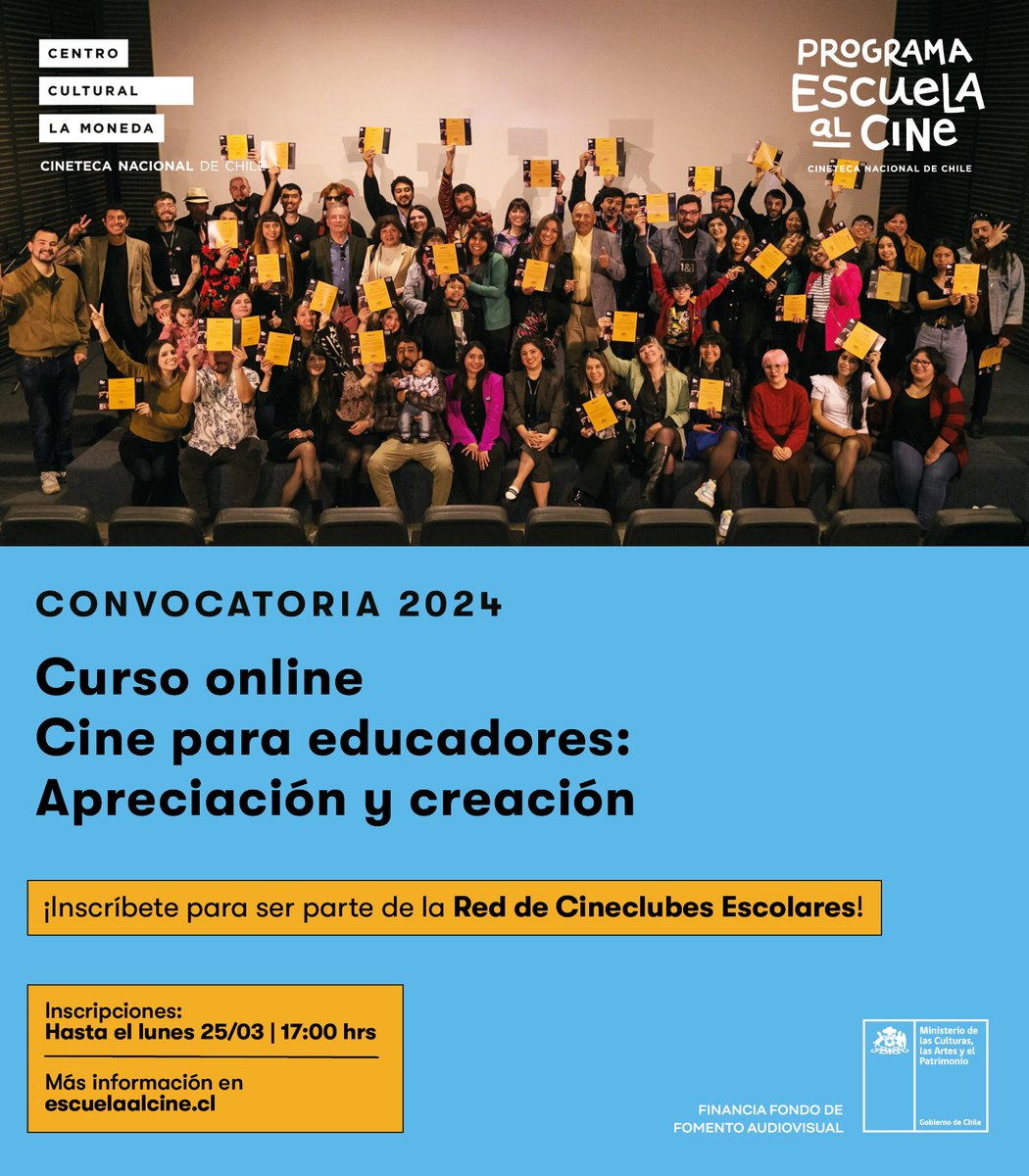 Convocatoria abierta 📣 ¡Sé parte del programa <a href="/escuelaalcine/">Escuela al Cine</a>! Inscríbete en el curso online y gratuito Cine para educadores: apreciación y creación.

📌 Puede participar cualquier profesor/a o profesional de la educación.

📝Más información en escuelaalcine.cl