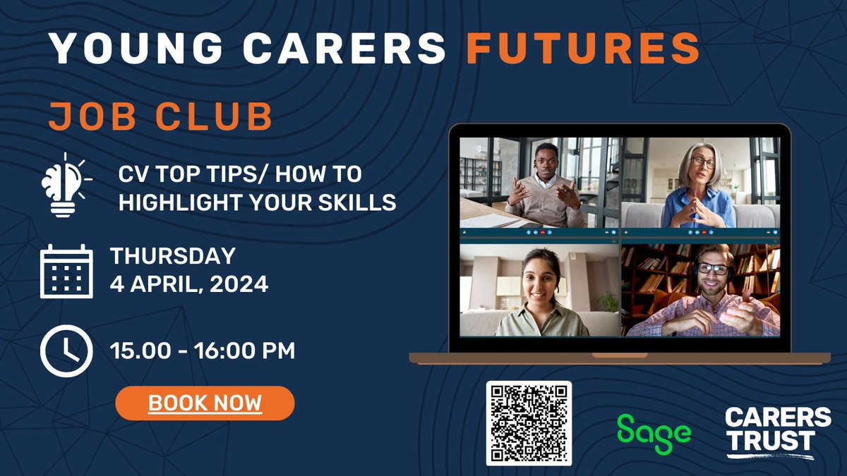 We are excited to launch Young Carers Futures Job Club! 🚀 Offering career focussed sessions to upskill young adult carers with a range of employers! Join us on 4 April to learn top tips in CV writing, hosted by @sageuk! Sign up here: bit.ly/49Ui2eQ