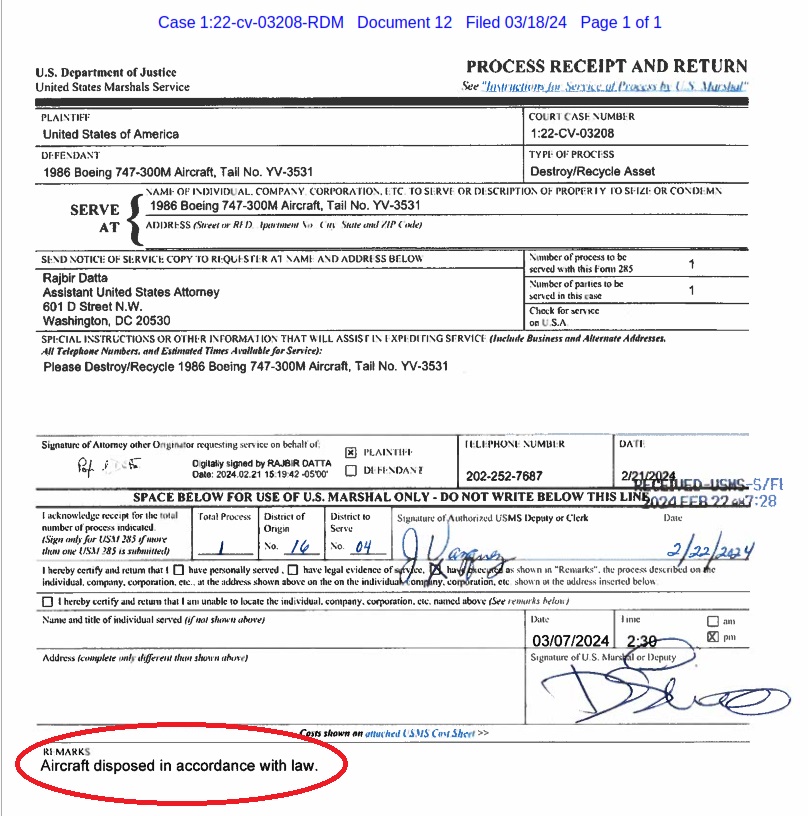 The U.S. has 'disposed' of a Venezuelan-owned Boeing 747 cargo plane seized by Argentina in 2022 on charges that it violated U.S. sanctions on Iran. Previously denounced by Maduro and reported by @DelgadoAntonioM