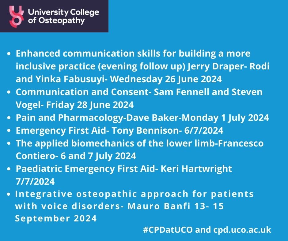 UCOLondon's tweet photo. Do you need to do more CPD hours? Check out our CPD course at https://t.co/52RZHNrZSB
There are still a couple more places on this w/es courses:
@ the UCO:
https://t.co/TImXyjENZG
https://t.co/BkutvzjT0D
Online
https://t.co/oaMJgJ67M0
#CPD #Osteopathy #chiropactic https://t.co/IQ6SjCqHEO
