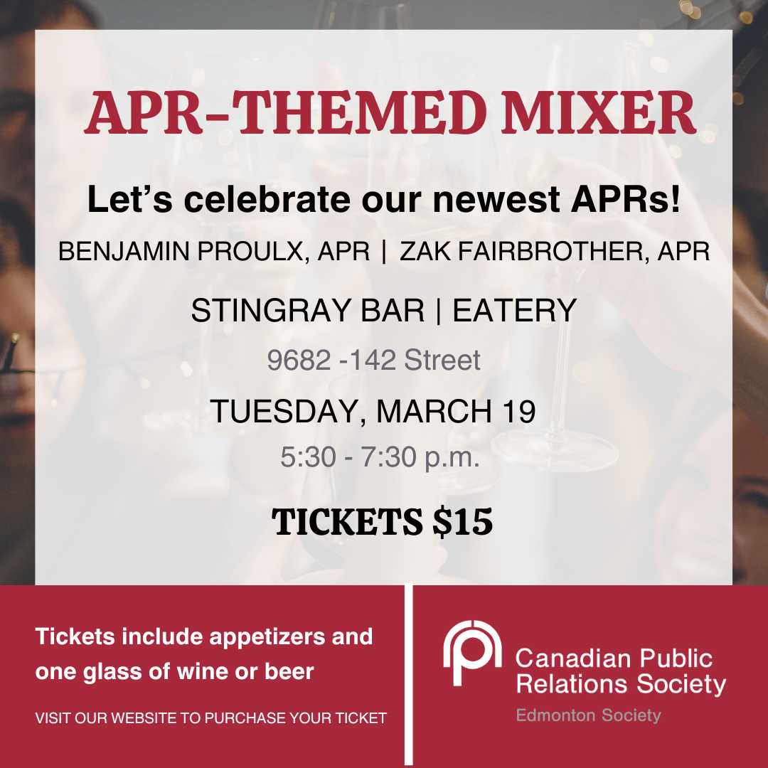 Join us tomorrow night to celebrate our newest APR members - Benjamin Proulx and Zak Fairbrother!

This event provides you the opportunity to connect with other accredited public relations professionals from the Edmonton chapter.

Tickets on sale now -  cprsedmonton.ca