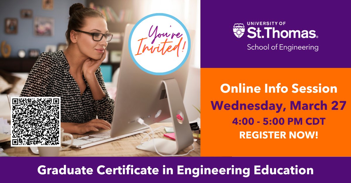 Calling all Pre-K through 12 educators with an interest in integrating STEM into your classroom! Learn about the @UofStThomasMN @UST_Engineering Engineering for Educators grad program on Wed., 3/27 at 4 PM. Find out more and register now: engineering.stthomas.edu/graduate-studi… #stemeducation