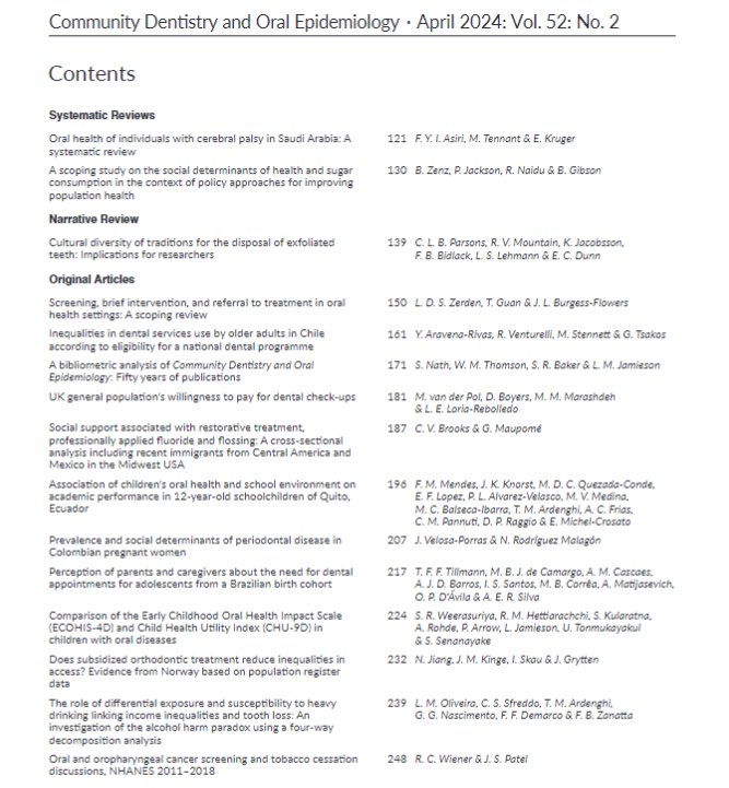 Community Dentistry Oral Epidemiology (@commdentoralepi) on Twitter photo Our latest issue has arrived
What a bumper read it is with articles from across the world including π¦πΊ π¨π± π¬π§ π²π½ πΊπΈ πͺπ¨ π§π· π³π΄ πΈπ¦
On topics including sugar consumption, willingness to pay, academic performance, pregnancy, oral cancer & more
onlinelibrary.wiley.com/toc/16000528/cβ¦
#dentistry Our latest issue has arrived
What a bumper read it is with articles from across the world including π¦πΊ π¨π± π¬π§ π²π½ πΊπΈ πͺπ¨ π§π· π³π΄ πΈπ¦
On topics including sugar consumption, willingness to pay, academic performance, pregnancy, oral cancer & more
onlinelibrary.wiley.com/toc/16000528/cβ¦
#dentistry