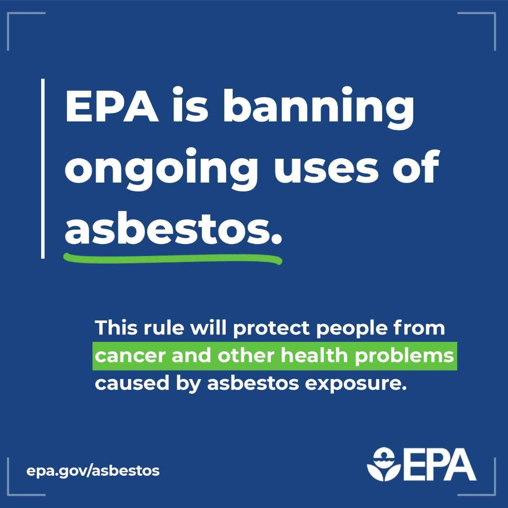 In an historic step, EPA is banning ongoing uses of #asbestos. This rule will help protect people from lung cancer, mesothelioma, ovarian cancer, laryngeal cancer, and other health problems caused by asbestos exposure. Learn more: epa.gov/newsreleases/b…