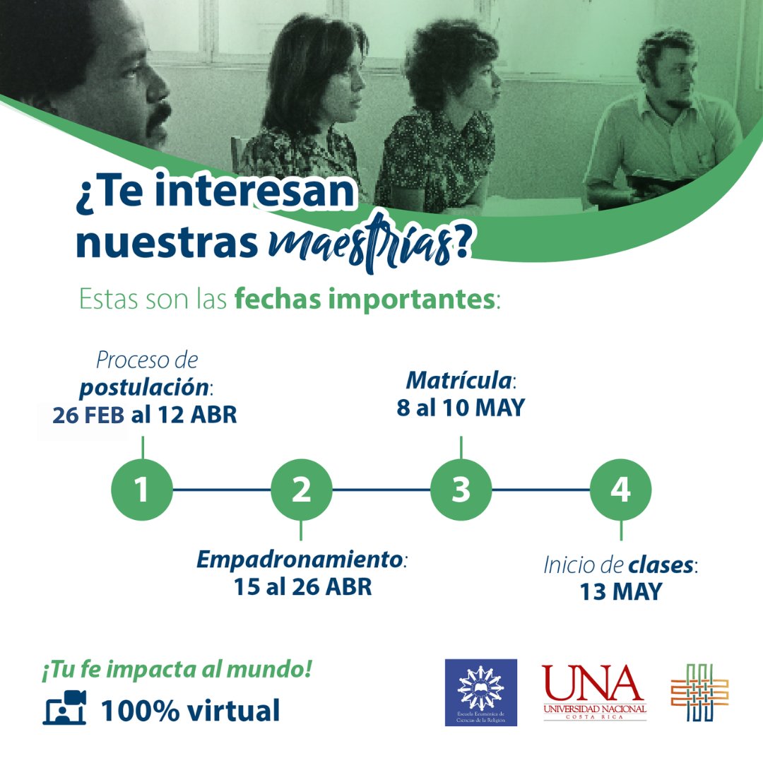 Casa Abierta Virtual 🏡💻 ¡Veni a conocernos! 

Estamos en periodo de matrícula. Por ello, te invitamos a conocer más sobre nuestros programas de posgrado conjunto con la Escuela Ecuménica de Ciencias de la UNA

Registrate aquí forms.gle/iQnxAyNASnrHjY…
WhatsApp ±506 63874275 ☎️