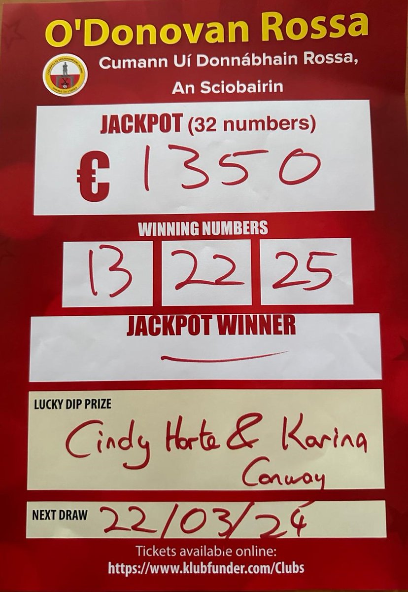 O'Donovan Rossa GAA Lotto Results for 15/03/2024: Next draw taking place Friday 22nd of March. Tickets available in the usual local outlets or you can play online now: klubfunder.com/Clubs/O_Donova…