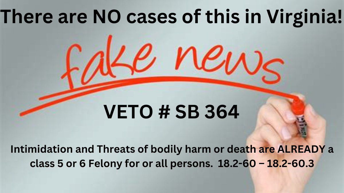 No cases in Virginia & no need for SB364! Please #Veto #SB364 don't create special classes of people. We already have Sections 18.2-60 – 18.2-60.3 intimidation and threats of bodily harm or death are either a class 5 or 6 Felony for ALL persons. @GovernorVA @RichAndersonRPV