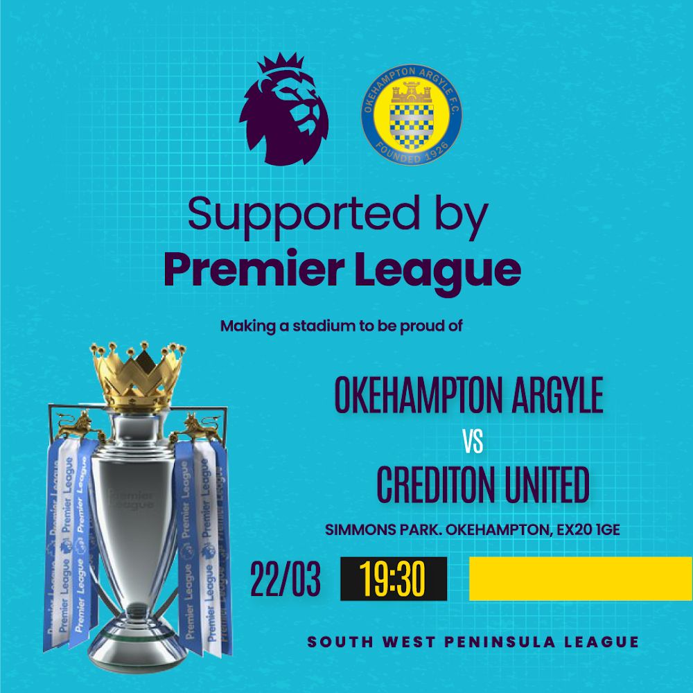 OkeArgyle's tweet photo. The Premier League Trophy is Coming to Okehampton!

Come down and see the trophy close up and get a picture with it whilst supporting the lads as we take on @CreddyAFC.

🗓️ 22/03/2024
⌚19:30

🟡🔵

@swpleague @swsportsnews https://t.co/xKBaO2WxMR