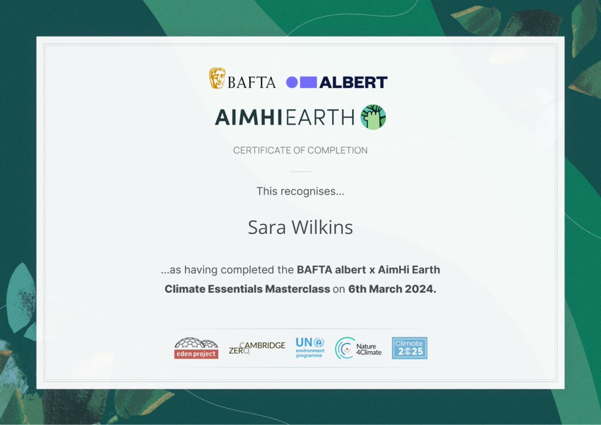 Had the privilege of completing the BAFTA albert x AimHi Earth Climate Essentials Masterclass! Thank you @WeAreAlbert @AimHi Earth. Insightful, engaging and given lots to think about to ensure that Richlas Productions has sustainable practises whilst being creative.