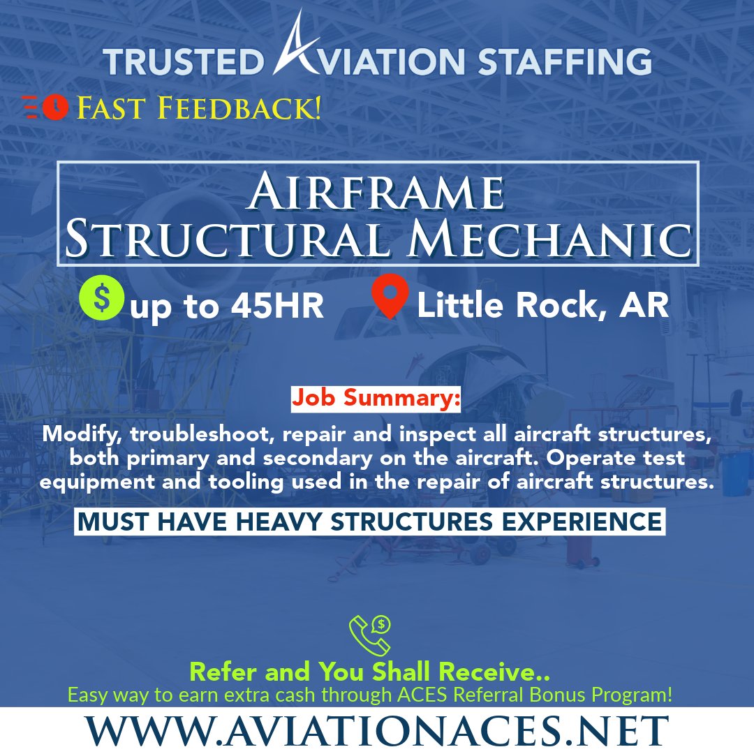 Seeking Structure Mechanics in Little Rock, AR with at least 5 yrs heavy structure experience. CONTACT US TODAY👇 aviationaces.net/job-openings Call: 817.402.0405 or Email: recruiting@aviationaces.net #aviationjobs #staffingagency #staffingsolutions #staffing #recruiting #nowhiring