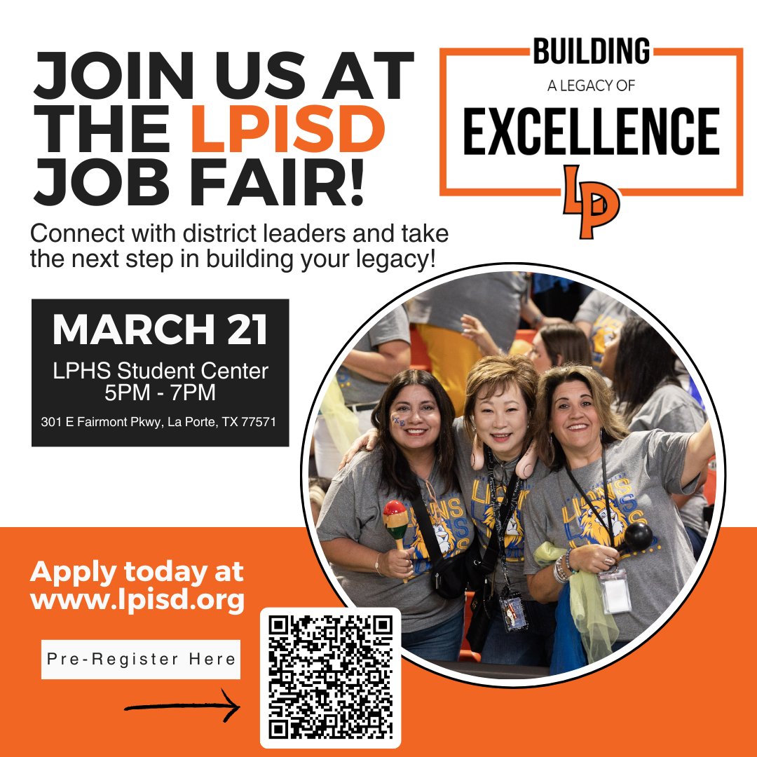 The @lpisd Spring Job Fair is this week! Don't forget to pre-register using this link: bit.ly/48FIGXe See you soon! #LPLegacy