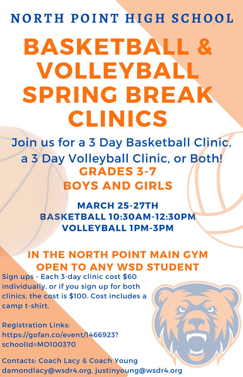 Join us for a 3 day basketball camp over spring break. Use the link below to register.  

gofan.co/event/1466923?…