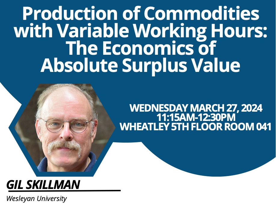 Gil Skillman (@wesleyan_u ) will be our next speaker (March 27) in the Spring 2024 seminar series. Professor Skillman will be presenting his work on the economics of *absolute* surplus value. If interested in attending, please contact the department (X, or, email).