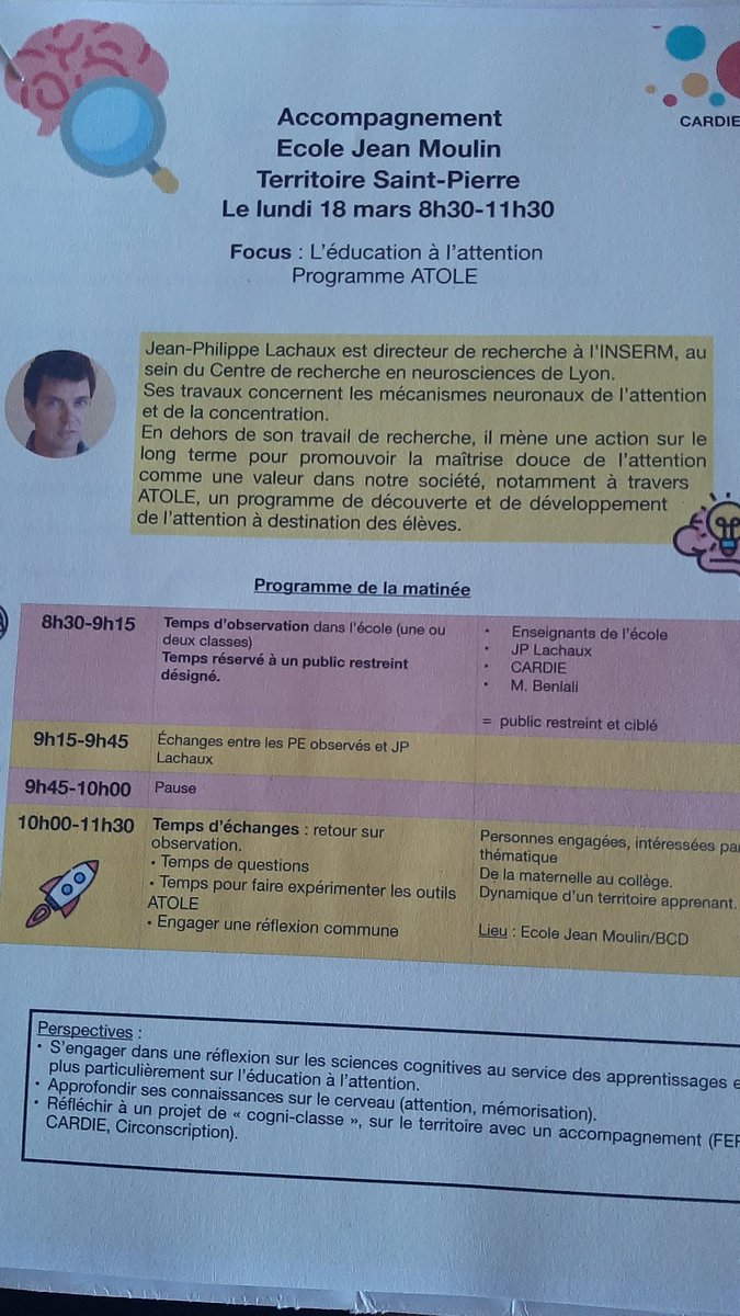 Séminaire Neurosciences cognitives avec JP Lachaux : accompagnement école Jean Moulin, et  territoire  de Saint Pierre 2 . Éducation à l'attention, ADOLE, ATOLE. <a href="/dmichel974/">MICHEL David</a> @eliane.christin@ac-reunion.fr  <a href="/TeyssendierL/">Teyssendier Laure</a> <a href="/AurelieHibon/">HIBON Aurélie</a>