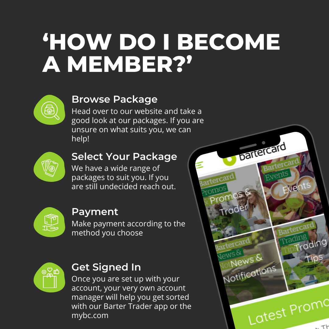 Bartercard (@bartercard) on Twitter photo Quite often we get asked 'How do I become a member?'
It is quite simple through these few steps you can get all set up
But, if you are struggling to make the right decision don't be afraid to reach out either through email: info@bartercard.co.uk
#bartercarduk #bartersmarter Quite often we get asked 'How do I become a member?'
It is quite simple through these few steps you can get all set up
But, if you are struggling to make the right decision don't be afraid to reach out either through email: info@bartercard.co.uk
#bartercarduk #bartersmarter