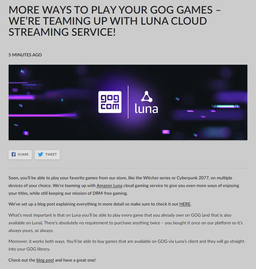 Wario64's tweet photo. GOG is teaming up with Amazon Luna (Cloud Streaming) - games purchased on GOG that are also available on Luna will be playable through the service (and GOG titles purchased on Luna will go in your GOG library as well) https://t.co/Fv9b7FHaXk https://t.co/M5uBScm871