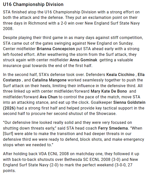Thank you <a href="/TheSoccerWire/">SoccerWire</a> for the write-up about my <a href="/STA_Soccer/">STA Soccer</a> GA 08 team's performance <a href="/jeffersoncup/">Jefferson Cup</a> So proud! <a href="/kellysimsSTA/">Kelly Sims</a> <a href="/t0m_shields/">Tom Shields</a> <a href="/FerrySmedema/">Ferry Smedema</a> <a href="/EllaDicostanzo/">Ella Dicostanzo</a> <a href="/cmangone08/">Catalina Mangone</a> <a href="/brii_concepcion/">Brianna Concepcion</a> <a href="/AnnaGominiak/">Anna Gominiak (2026)</a> <a href="/AvaChun10/">Ava Chun</a> #KealaCicchino #MKDeBono
