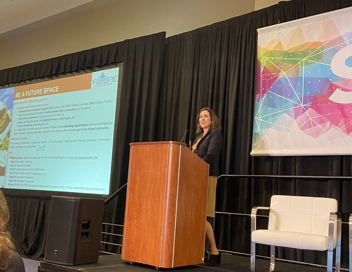 Space_Leaders's tweet photo. Our Executive Director Yasmine Almond announcing the Future Space Leaders Fellowship #FSLF application here at #SATELLITE2024! Come to hear more!! https://t.co/WJ5HNdCtbn