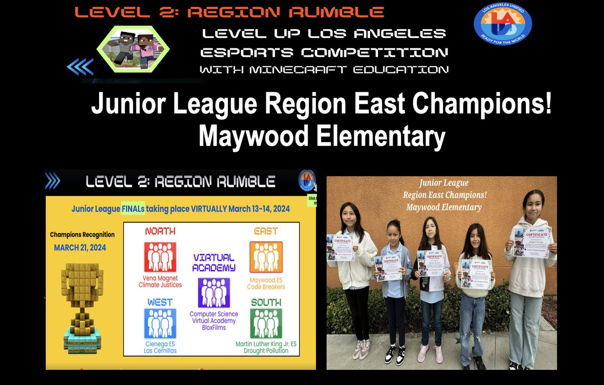Congratulations Code Breakers! They are the Junior League Region East Champions in the LAUSD E-sports Competition with Minecraft Education. @LASchoolsEast @LASchools @LAUSDMAGNETS @ITI_LAUSD