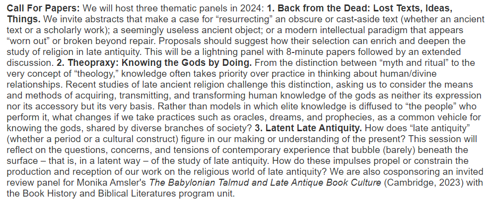 Please consider submitting an SBL abstract to the Religious World of Late Antiquity program unit. The abstract deadline is 11:59 pm (EST) this Wednesday, March 20. We would love to hear all about your current research!