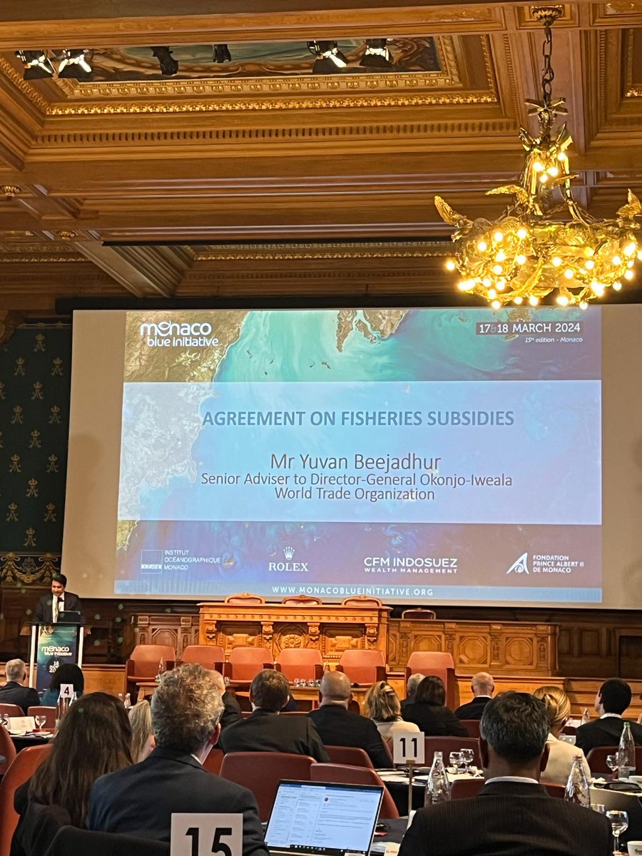 At #MBI2024, Yuvan Beejdhur from @WTO gave an update on the fisheries subsidies agreement, urging for more ratification of wave 1 of the agreement and reflecting on the recent failure to agree on a wave 2 on overfishing and overcapacity #Monacoblueinitiative