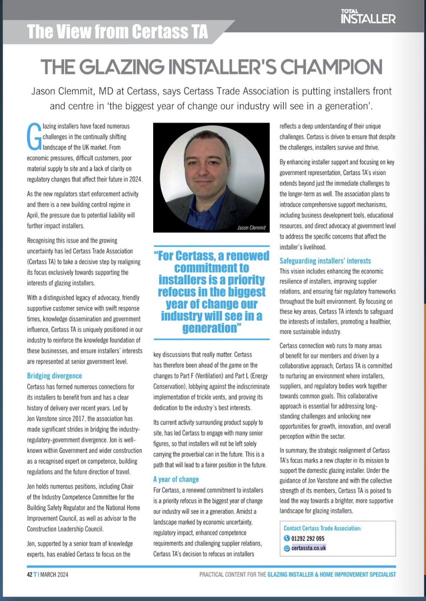 Certass Trade Association is leading the charge in advocacy for domestic glazing installers. Check out the latest @InstallerTotal for details yumpu.com/en/document/re… #CertassTA #BuildingRegulations2024