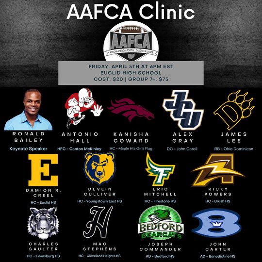 HS coaches @NEOAAFCA is putting on our 3rd annual FB Clinic April 5th….Unique clinic this year, will be another great one….$20 Individual, group rate is $75 for 7+….College & HS coaches speaking!!!!