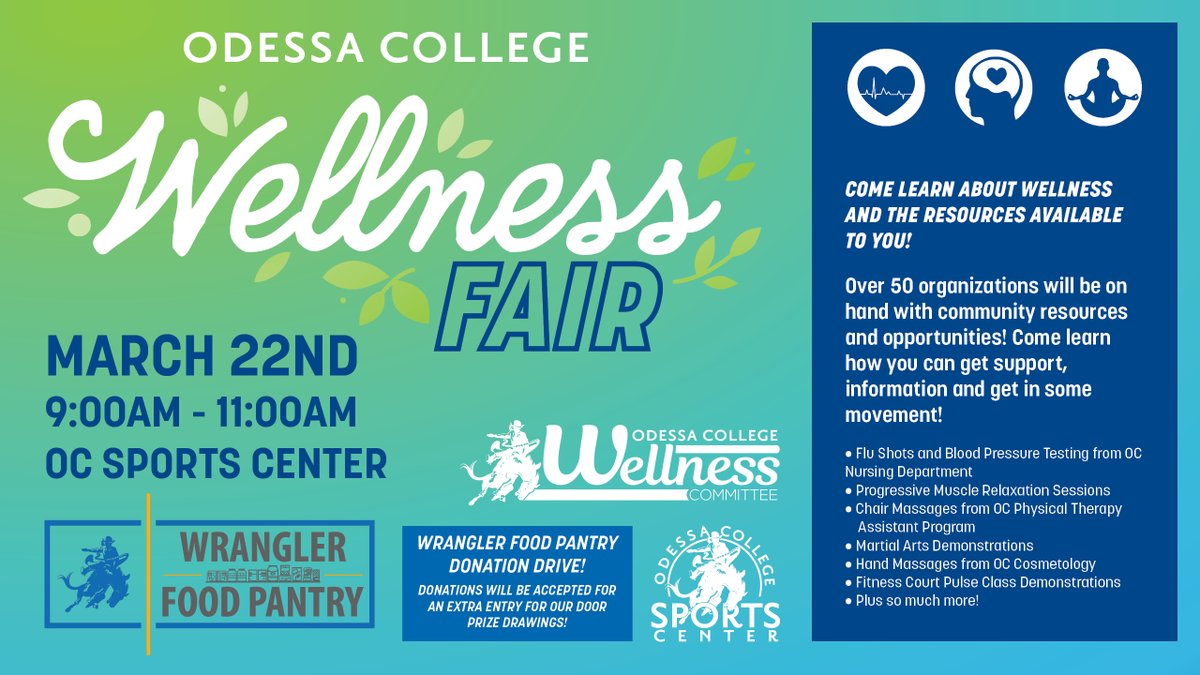 OdessaCollege's tweet image. OC's Wellness Fair 2024 is today! 🌱

📆 TODAY, March 22nd
⏰ 9:00 AM - 11:00 AM
📍 OC Sports Center
🎟 FREE to Attend!

This is the largest Wellness Fair ever held at OC! 🙌
@OCSportsCenter