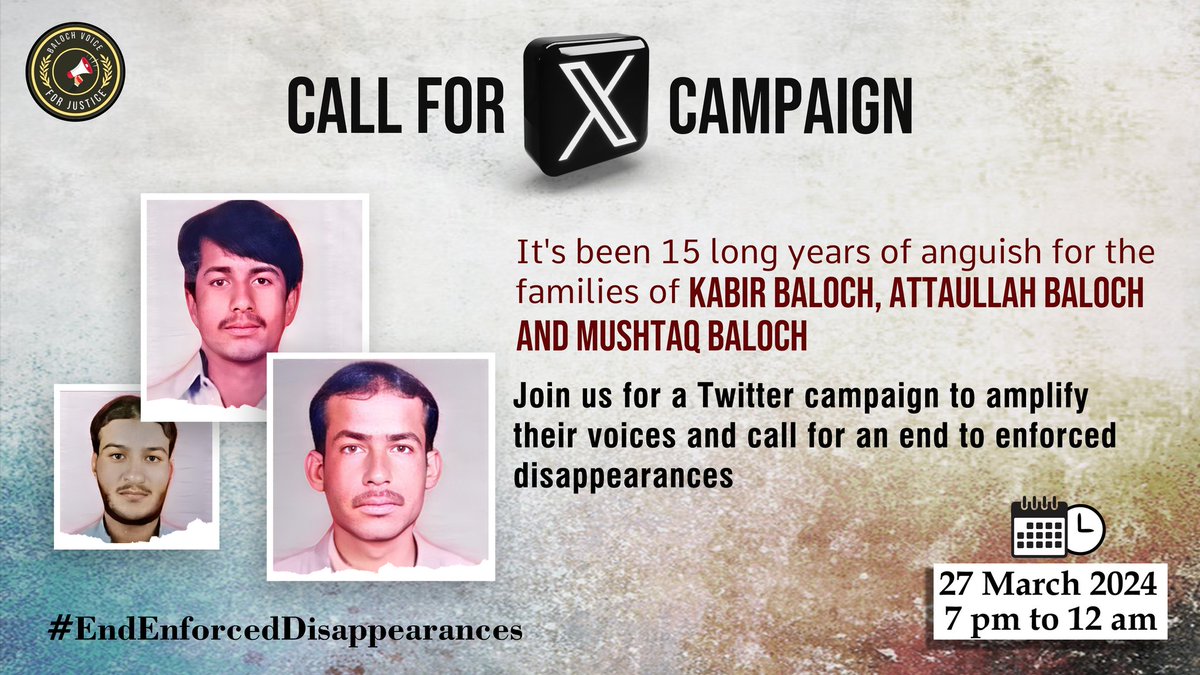 ⬛️⬜️#Onthisday 2009, Kabir Baloch, Attaullah Baloch, and Mushtaq Baloch were abducted in #Balochistan. 15 years later, their whereabouts remain unknown and their families continue seeking justice and accountability, but have found none. It's time to #EndEnforcedDisappearances