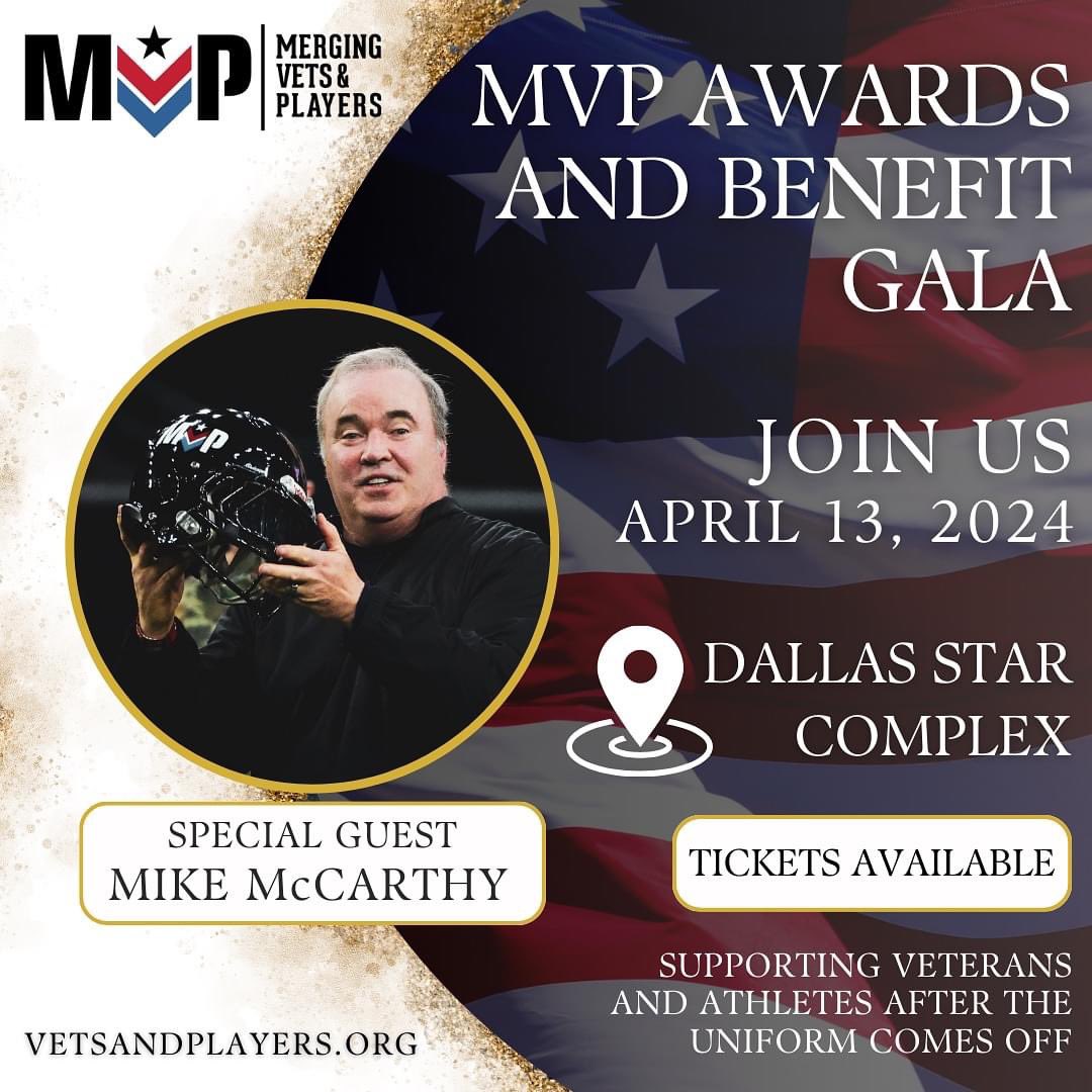 We’re excited to share that @dallascowboys Head Coach Mike McCarthy is confirmed to attend for our upcoming Gala! 🎉 ⭐️ 🪩 Tickets, Tables, and Sponsorship Packages are still available for The 2nd Annual #MVP Awards & Benefit Gala! More info at vetsandplayers.org/mvp-gala-2024