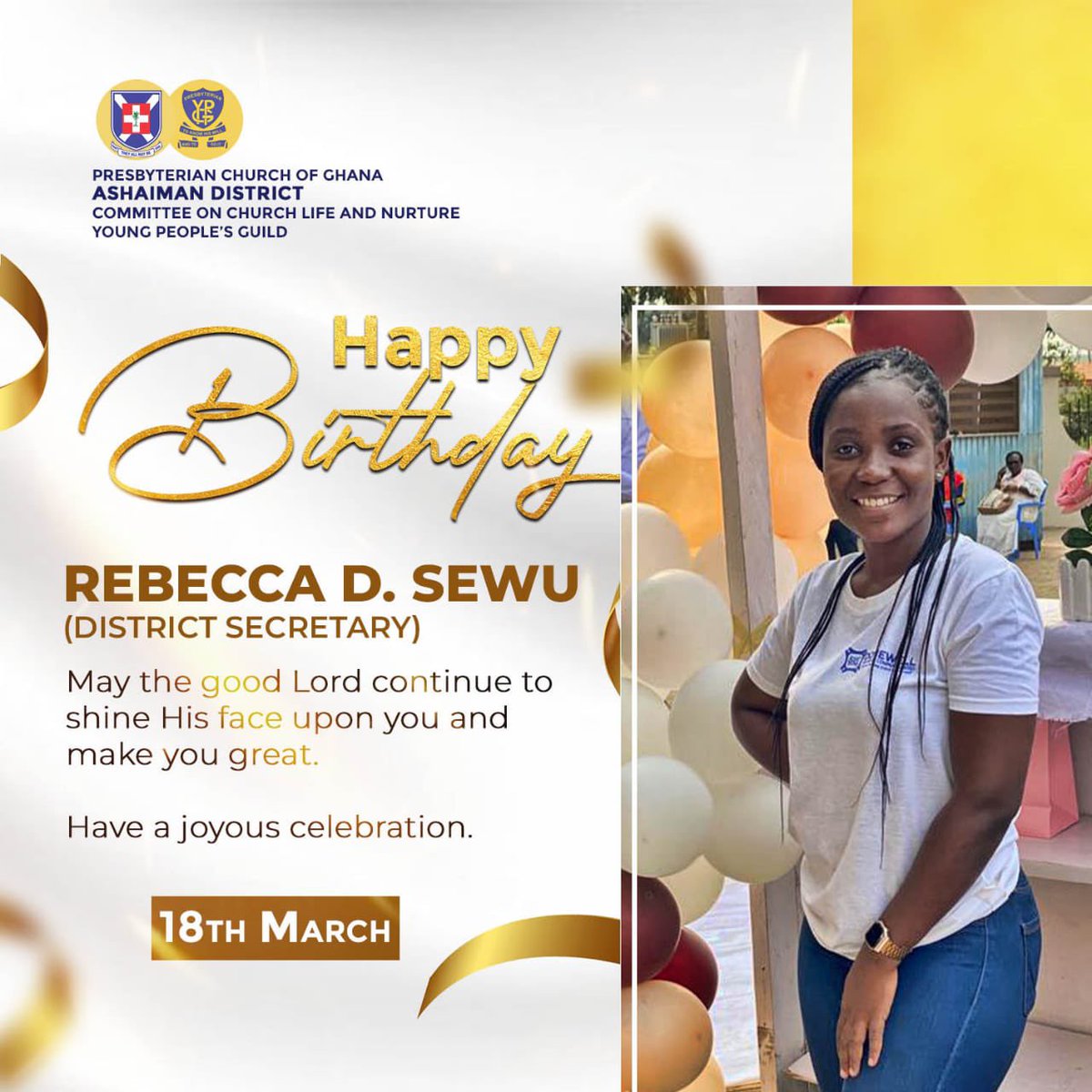 AshDistrictYPG's tweet photo. To the chief scribe of the district guild @RebeccaSewu1, happy glorious birthday to you. God bless you dearly. The district guild appreciates you.🎊🎉🥰. #servicealltheway #ashaimandistrictypg https://t.co/S2eb0F1ebn