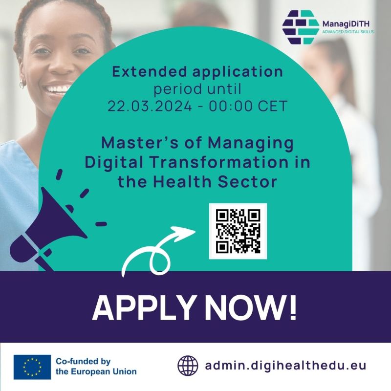 Attention all prospective #ManagiDiTH Master's Degree applicants! To ensure that everyone has ample opportunity to submit their applications, we've decided to extend the deadline until: 22.03.2024. Click here: admin.digihealthedu.eu to start your application today @Iscte-Sintra