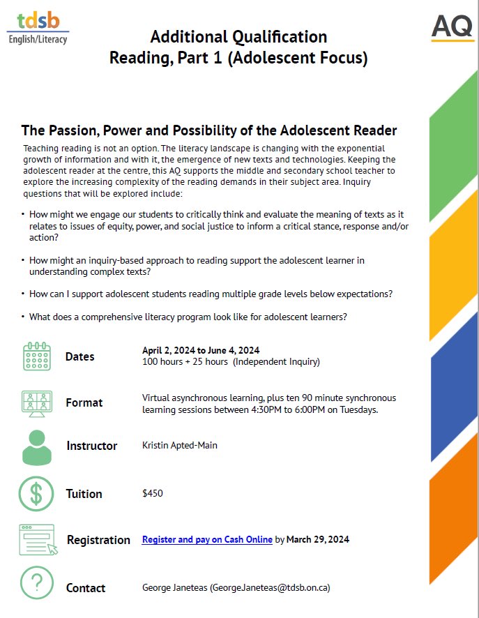 Registration is now open for Reading, Part 1 (Adolescent Focus) AQ! TDSB educators have until March 29 to register for the Spring session. Sign up here: bit.ly/TDSB-AQAdolRea…