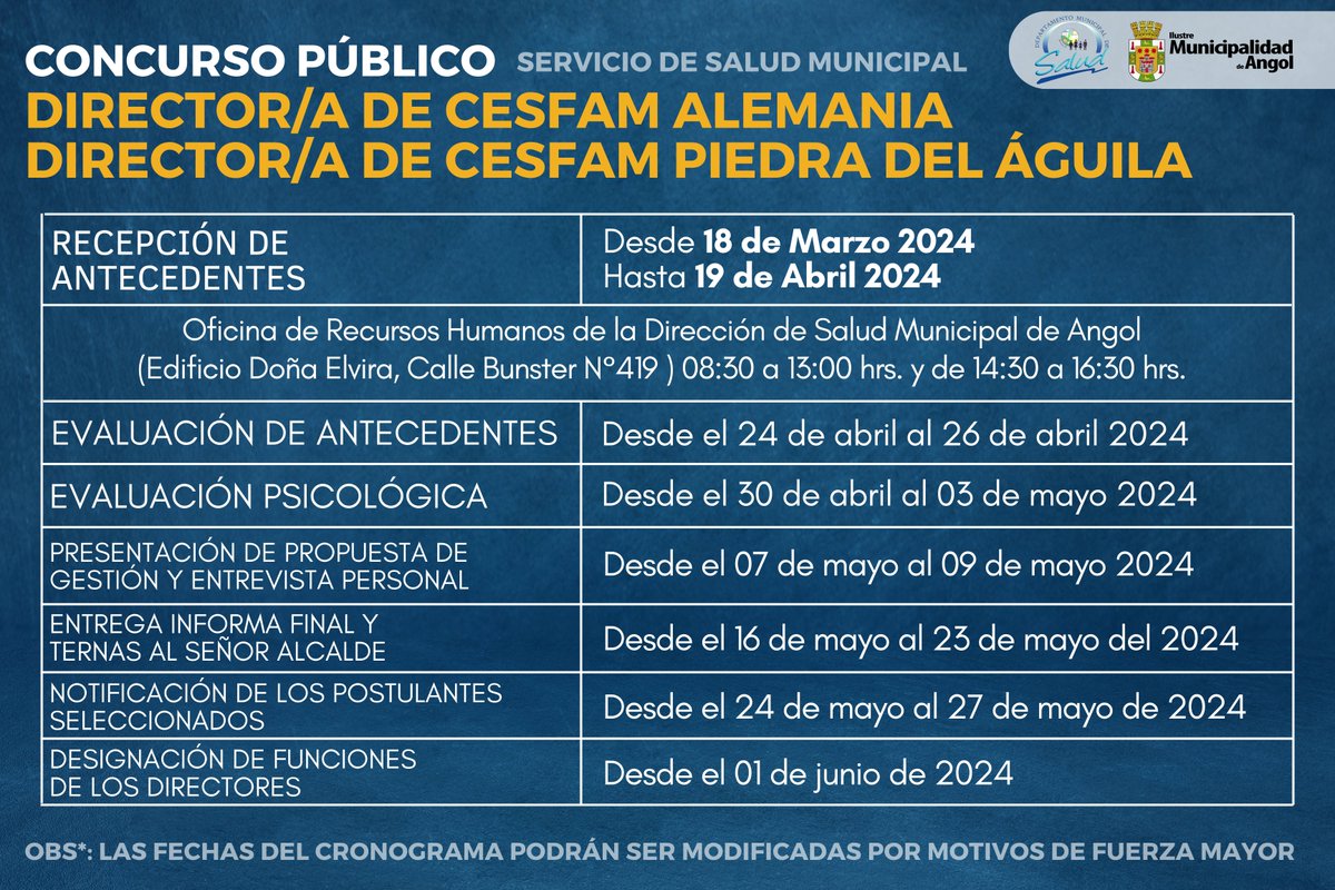 📷La Ilustre Municipalidad informa Concurso Público para:
𝗗𝗶𝗿𝗲𝗰𝘁𝗼𝗿/𝗮 𝗖𝗘𝗦𝗙𝗔𝗠 𝗔𝗹𝗲𝗺𝗮𝗻𝗶𝗮
𝗗𝗶𝗿𝗲𝗰𝘁𝗼𝗿/𝗮 𝗖𝗘𝗦𝗙𝗔𝗠 𝗣𝗶𝗲𝗱𝗿𝗮 𝗱𝗲𝗹 𝗔́𝗴𝘂𝗶𝗹𝗮
📷Puedes encontrar las BASES en el siguiente link: acortar.link/cVr6lj
