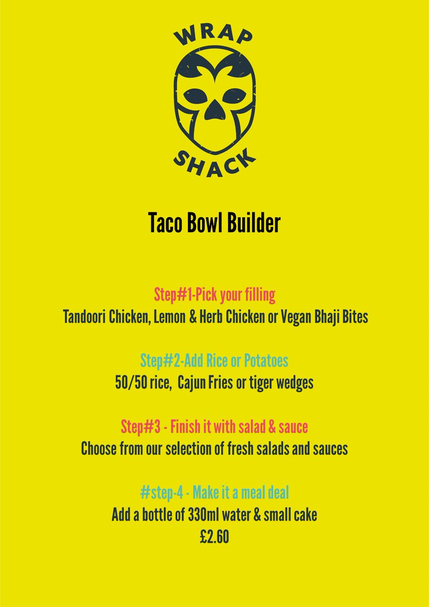 @KNGSlife Sixth Formers are in for a treat on Wednesday lunchtime with their Wrap Shack - Taco Bowl Builder themed menu in the Sixth Form Common Room Café - can't wait - sounds delicious! #Food #Outstanding #opportunities #Nutrition @RobCass3 @Academy_Food_UK @AndreAcademy