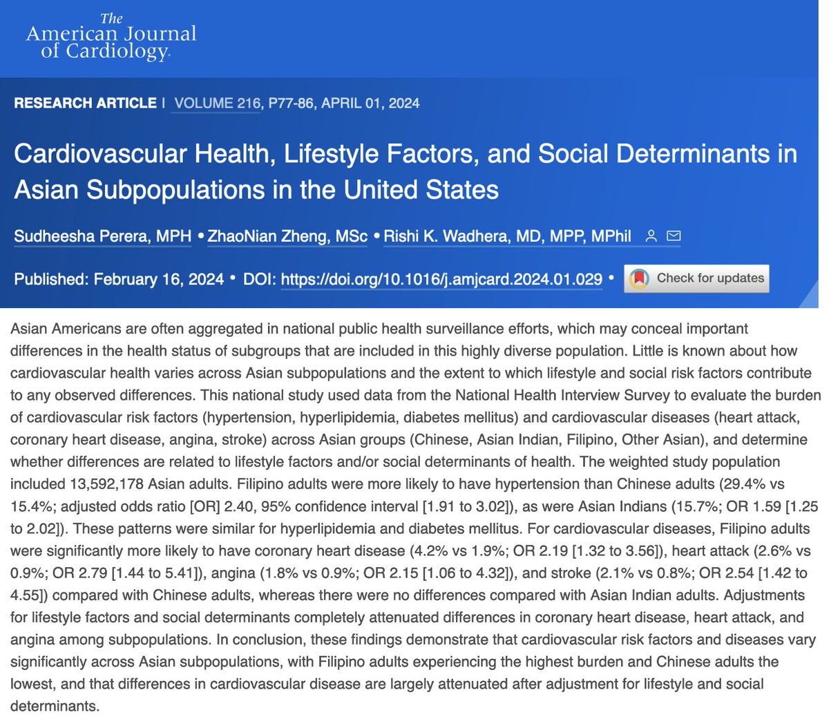 Our new study in @AmJCardio finds marked differences in the burden of #cardiovascular risk factors and diseases among #Asian groups (Asian Indian, Filipino, Chinese), and explores how social determinants & lifestyle factors contribute to these inequities ajconline.org/article/S0002-…