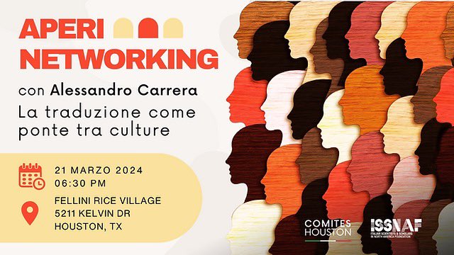 ISSNAF_WSC (@issnaf_wsc) on Twitter photo Wed March 21-Join us at Fellini Rice for our next event hosting <a href="/UHouston/">University of Houston</a> Prof. Carrera and <a href="/RiceUniversity/">Rice University</a> Prof. Bajani discussing “ translation as a bridge between different cultures” <a href="/ITAHouston_/">ITA Houston</a> <a href="/ItalyinHouston/">Italy in Houston</a> <a href="/issnaf/">ISSNAF</a>
Free Reservation Link:
comiteshouston.org/event-details/… Wed March 21-Join us at Fellini Rice for our next event hosting <a href="/UHouston/">University of Houston</a> Prof. Carrera and <a href="/RiceUniversity/">Rice University</a> Prof. Bajani discussing “ translation as a bridge between different cultures” <a href="/ITAHouston_/">ITA Houston</a> <a href="/ItalyinHouston/">Italy in Houston</a> <a href="/issnaf/">ISSNAF</a>
Free Reservation Link:
comiteshouston.org/event-details/…