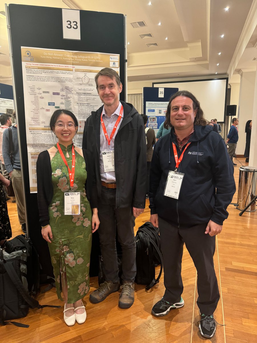 Now at poster #33: "Do-Not-Answer: Evaluating Safeguards in LLMs". Yuxia Wang, Haonan Li, Xudong Han, Preslav Nakov, Timothy Baldwin aclanthology.org/2024.findings-… #EACL #EACL2024 #NLProc, #LLMs #GenAI