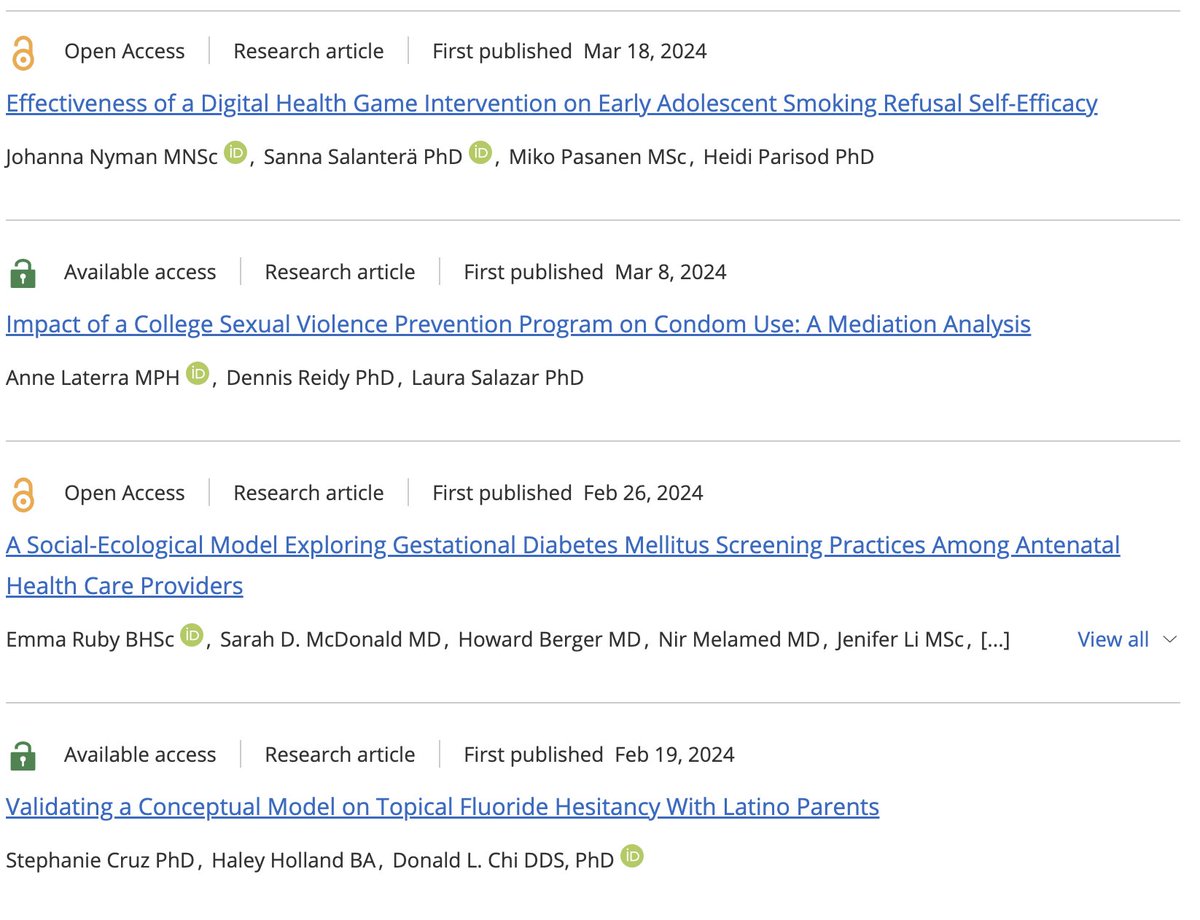Have you checked out our most recent articles? Hop on over to our page to check them out: journals.sagepub.com/home/heb

See your colleague's name below? Give them a shoutout in the comments!

#healtheducationandbehavior #healtheducation #healthbehavior