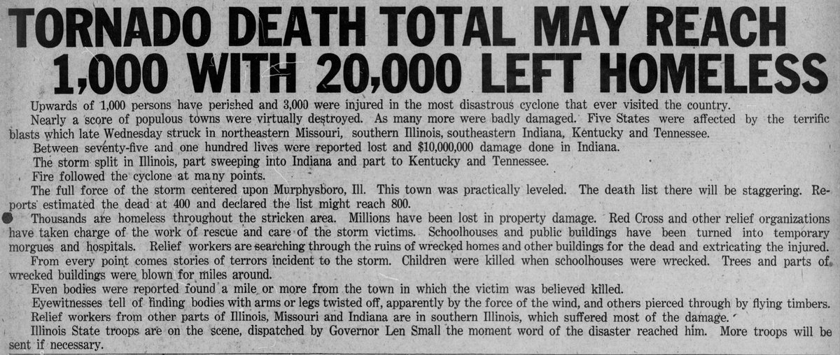 weather_history's tweet photo. March 18, 1925:

The worst tornado in American history slammed Missouri, Illinois, and Indiana. Dubbed the "Tri-State Tornado", the estimated F5 had a path length of over 215 miles, was on the ground for ~3.5 hours, and had an estimated forward speed over over 60 mph.

#wxhistory https://t.co/Kb9iKu5Ywp