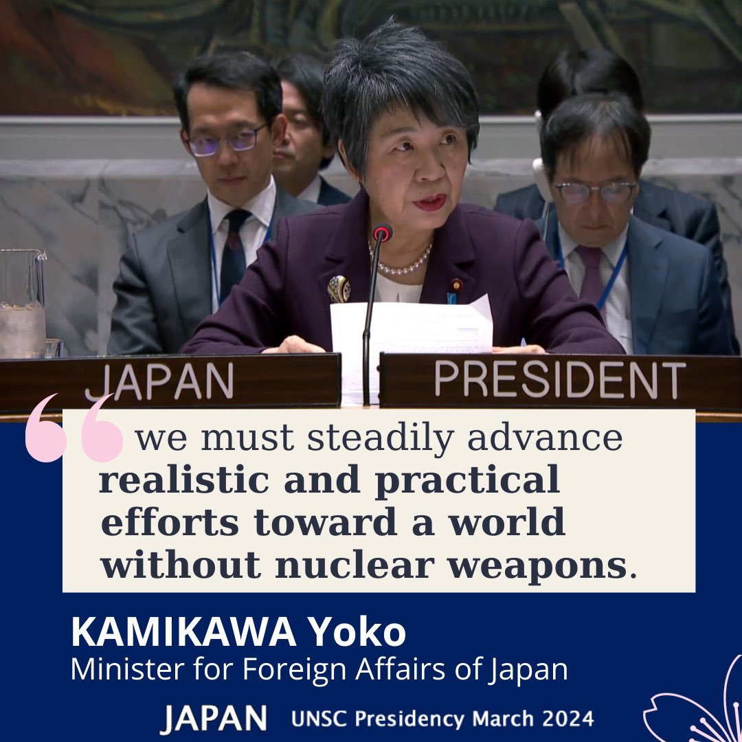 Foreign Minister KAMIKAWA🇯🇵 chaired #UNSC ministerial briefing & stressed the following points👇
🔸Lead int’l efforts to implement #HiroshimaActionPlan
🔹Establish #FMCT Friends
🔸Unite against any move against a world without nuclear weapons
🔹Focus on emerging tech & #WPS