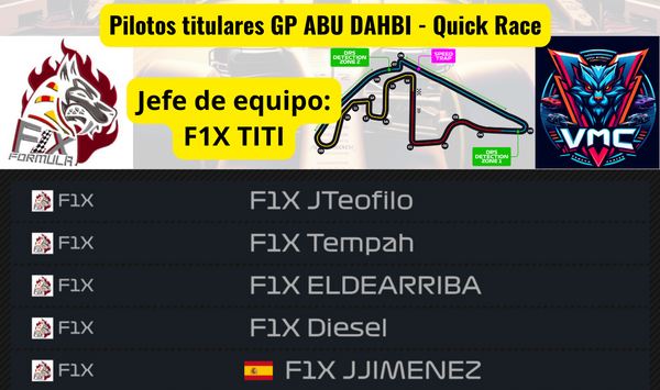 VMC_Tv's tweet photo. Volvemos una semana más y en esta ocasión para cerrar la fase regular, cómo se repartirán las eliminatorias? Esta noche lo averiguaremos en directo a las 21:30
Confirmamos pilotos titulares para la parilla de hoy!
#QuickRace #abudabhi
@IberiaRacing @XboxFormula @DemonsRacing https://t.co/e2xW7mFhKJ