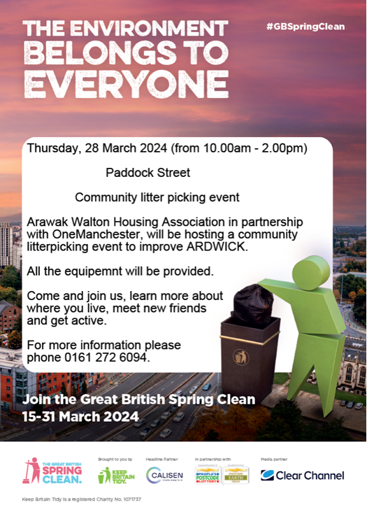 Arawak Walton along with @OneMcr are hosting a community litter picking event to support the Great British Spring Clean - Thursday 28th March 10am - 2pm #greatbritishspringclean
