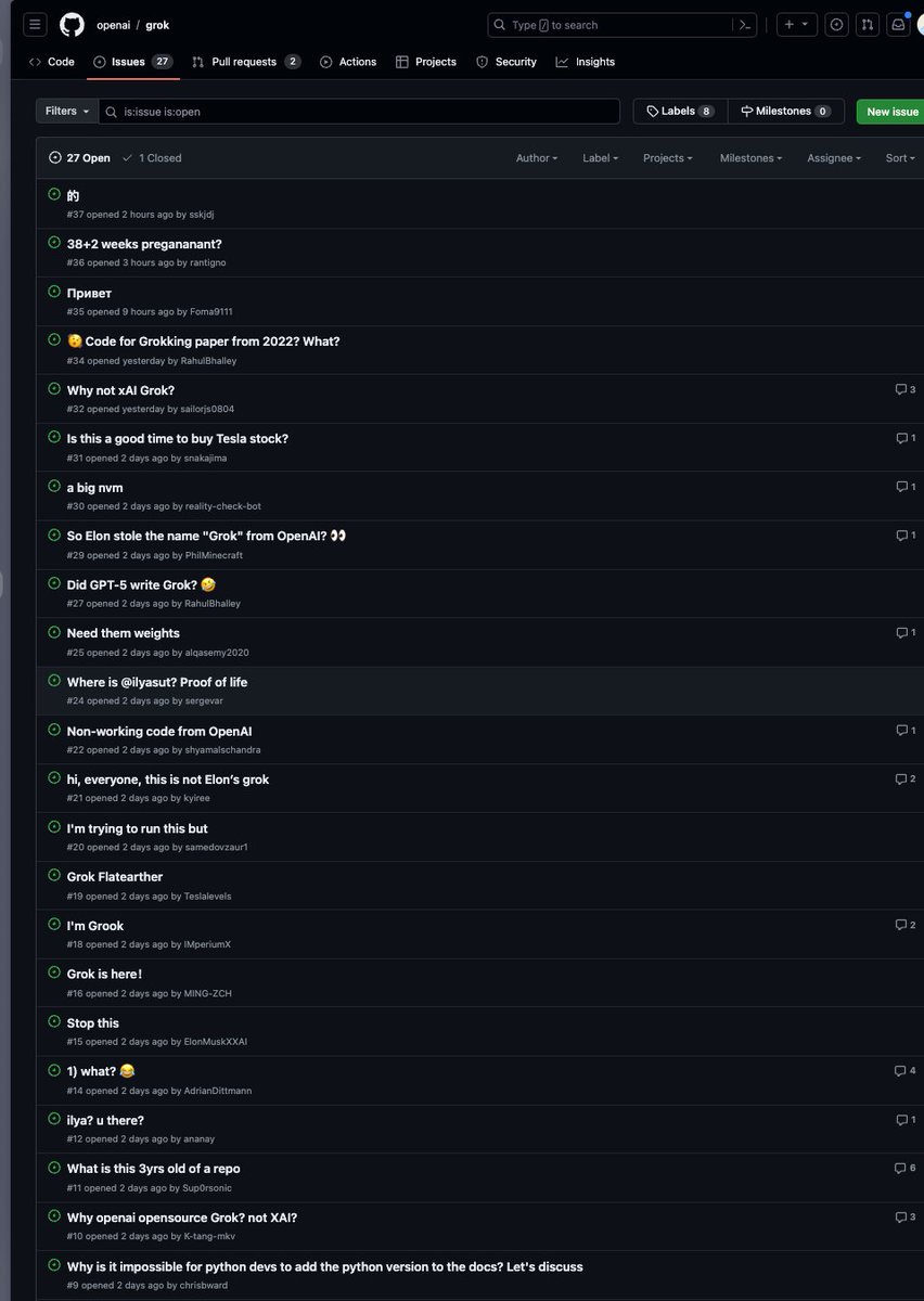 So <a href="/openai/">OpenAI</a> just opensourced a three year old repo called grok. github.com/openai/grok
And yes, the issue board already looks exactly how you would expect it: