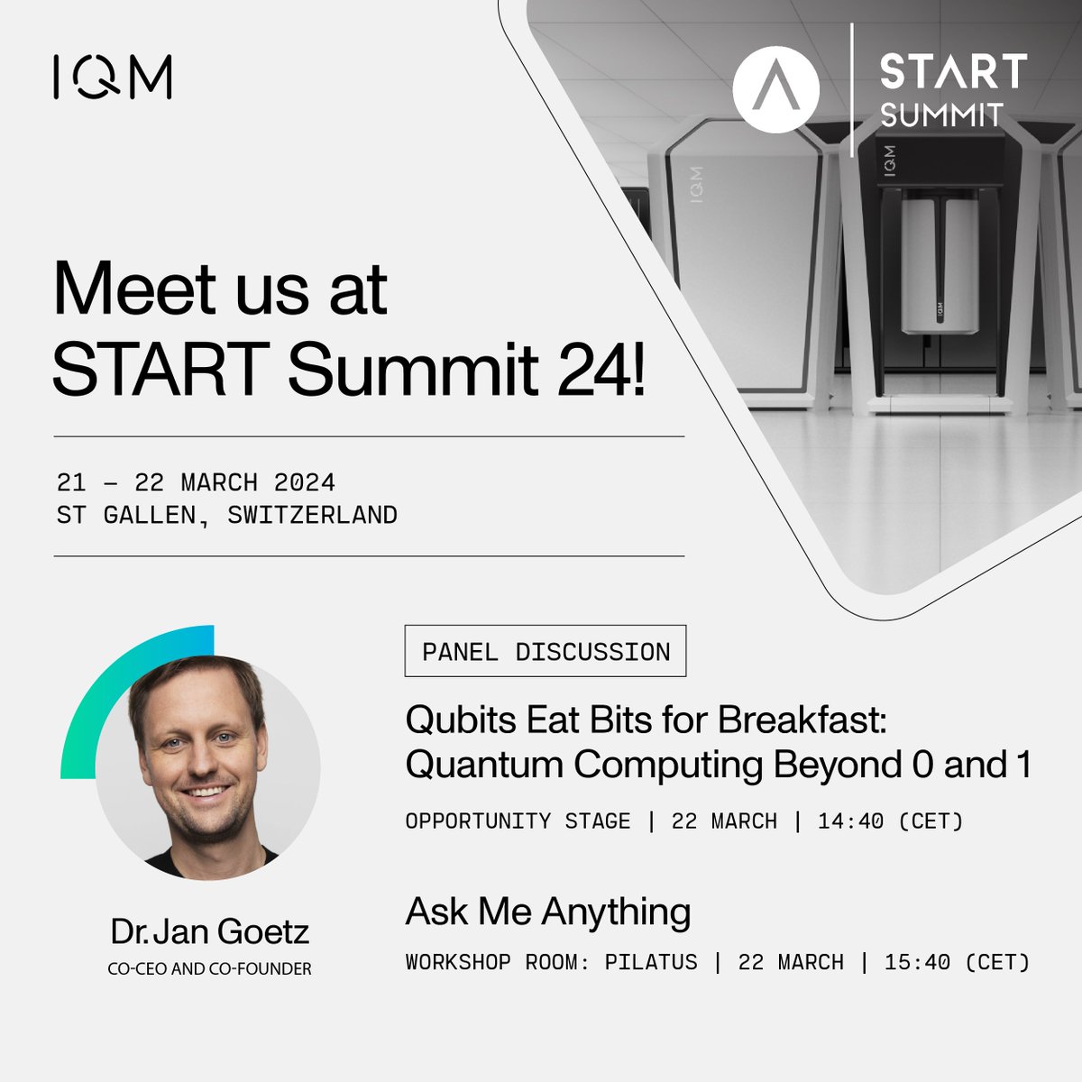 Our Co-CEO, @JanGoetz6, will speak at START Summit 2024 in St. Gallen, Switzerland. He will discuss “Qubits Eat Bits for Breakfast: Quantum Computing Beyond 0 and 1' and hold an 'Ask Me Anything' session. Learn more: startglobal.org/start-summit/s…